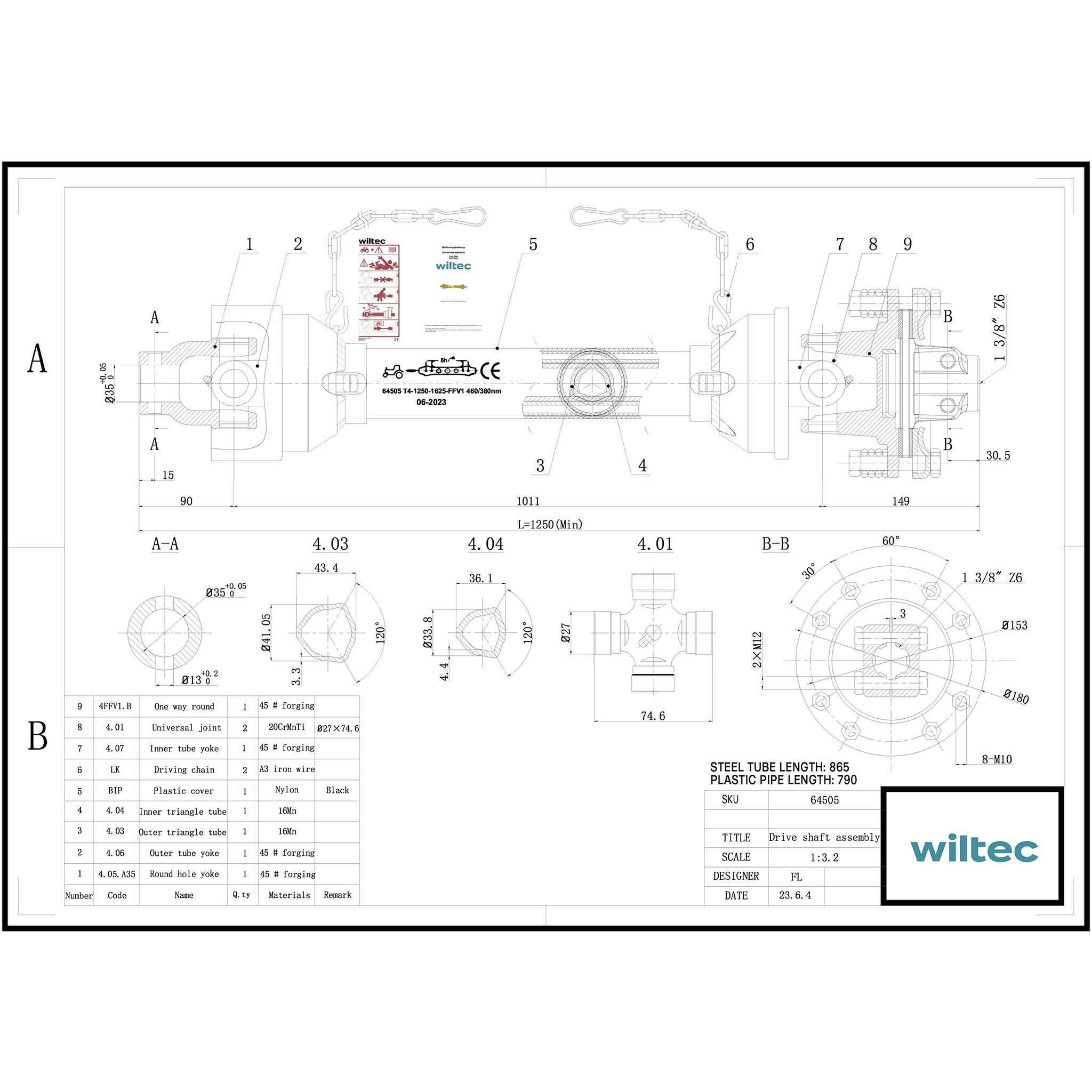 Albero cardanico T4 Giunto 1250-1375mm 460Nm 540rpm Cardano 40kW (55CV) 35mm rotondo 1 3/8" 6 denti