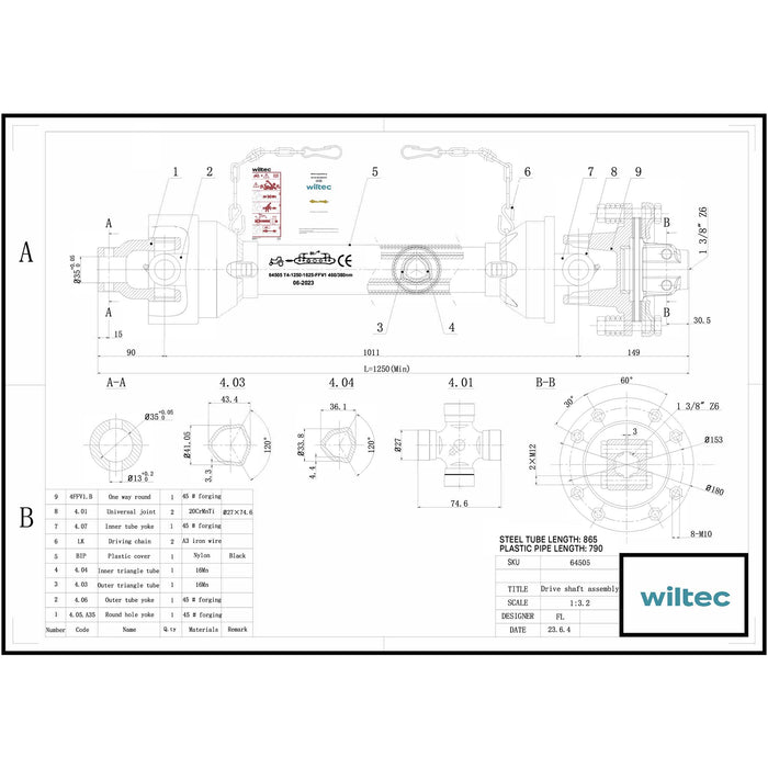 Albero cardanico T4 Giunto 1250-1375mm 460Nm 540rpm Cardano 40kW (55CV) 35mm rotondo 1 3/8" 6 denti