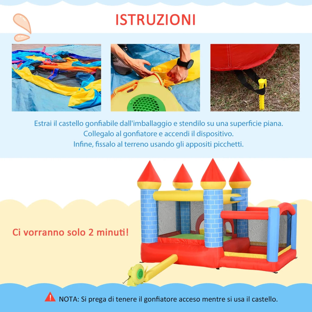 Castello Giostra Gonfiabile 300x275x210 cm con Scivolo Piscina Canestro e Pompa Multicolor