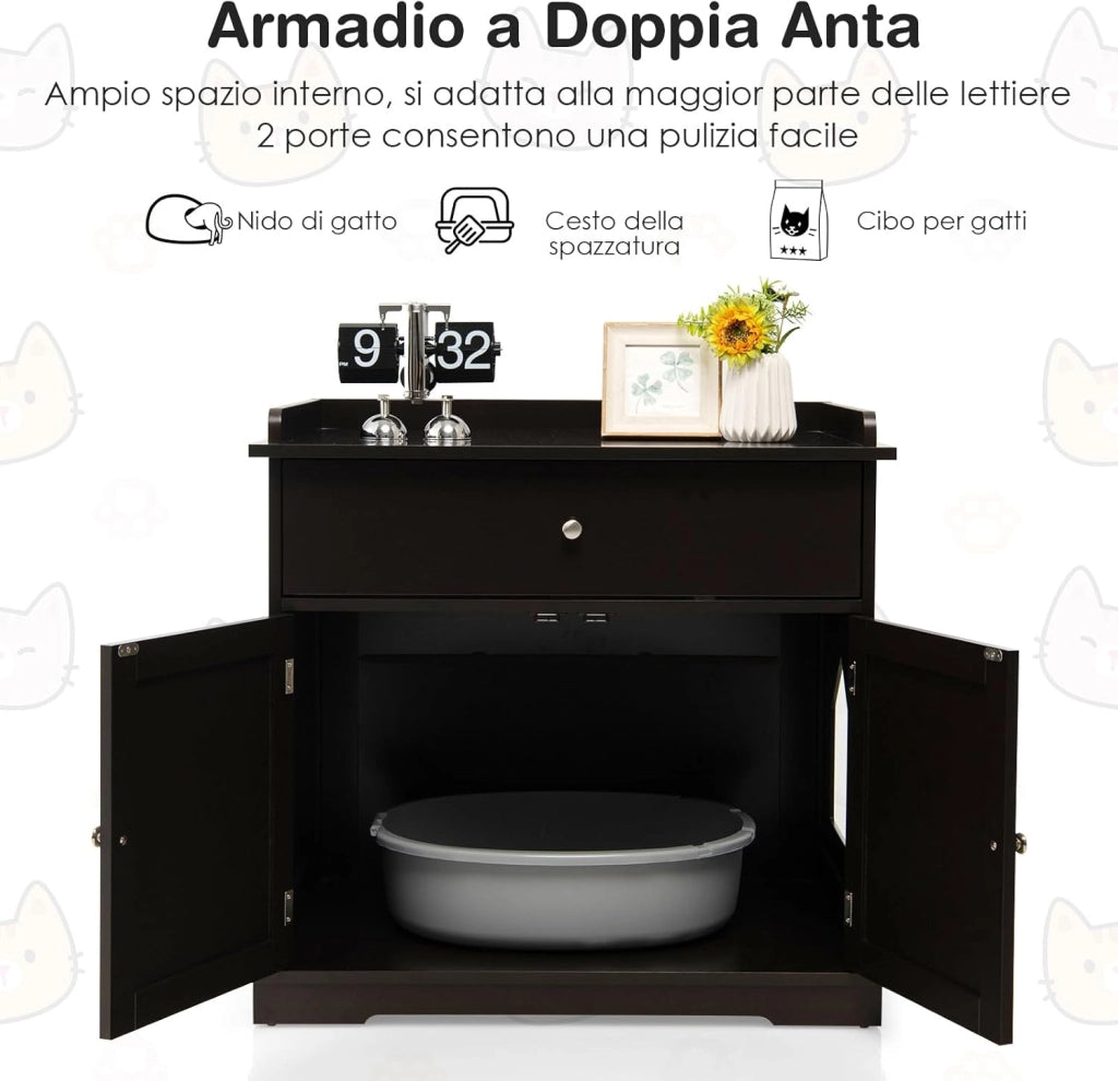 Mobile per Lettiera Gatti in Legno, con Portaoggetti, 2 Ante, Cassetto e Ingresso Laterale, Mobiletto Multiuso per Ingresso e Soggiorno, 76 x 53 x 74 cm, Carico Massimo 30 kg (Caffè)