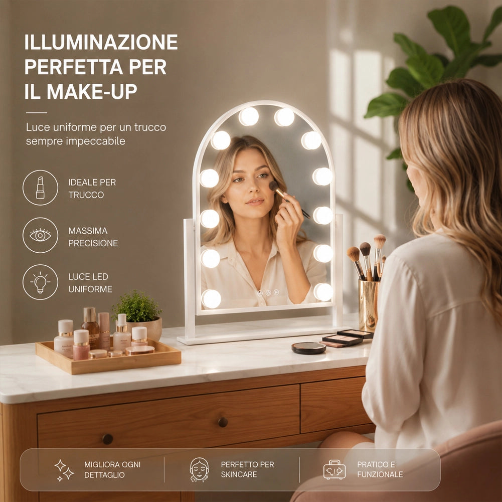 Specchio ad Arco da Tavolo Struttura in Alluminio e Led a Bulbi 3 Colori 30x40cm
