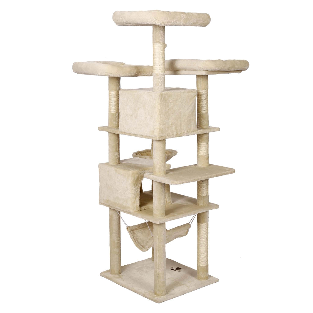 Albero tiragraffi beige con motivo a zampe 172cm Con amache, cucce per gatti e palline