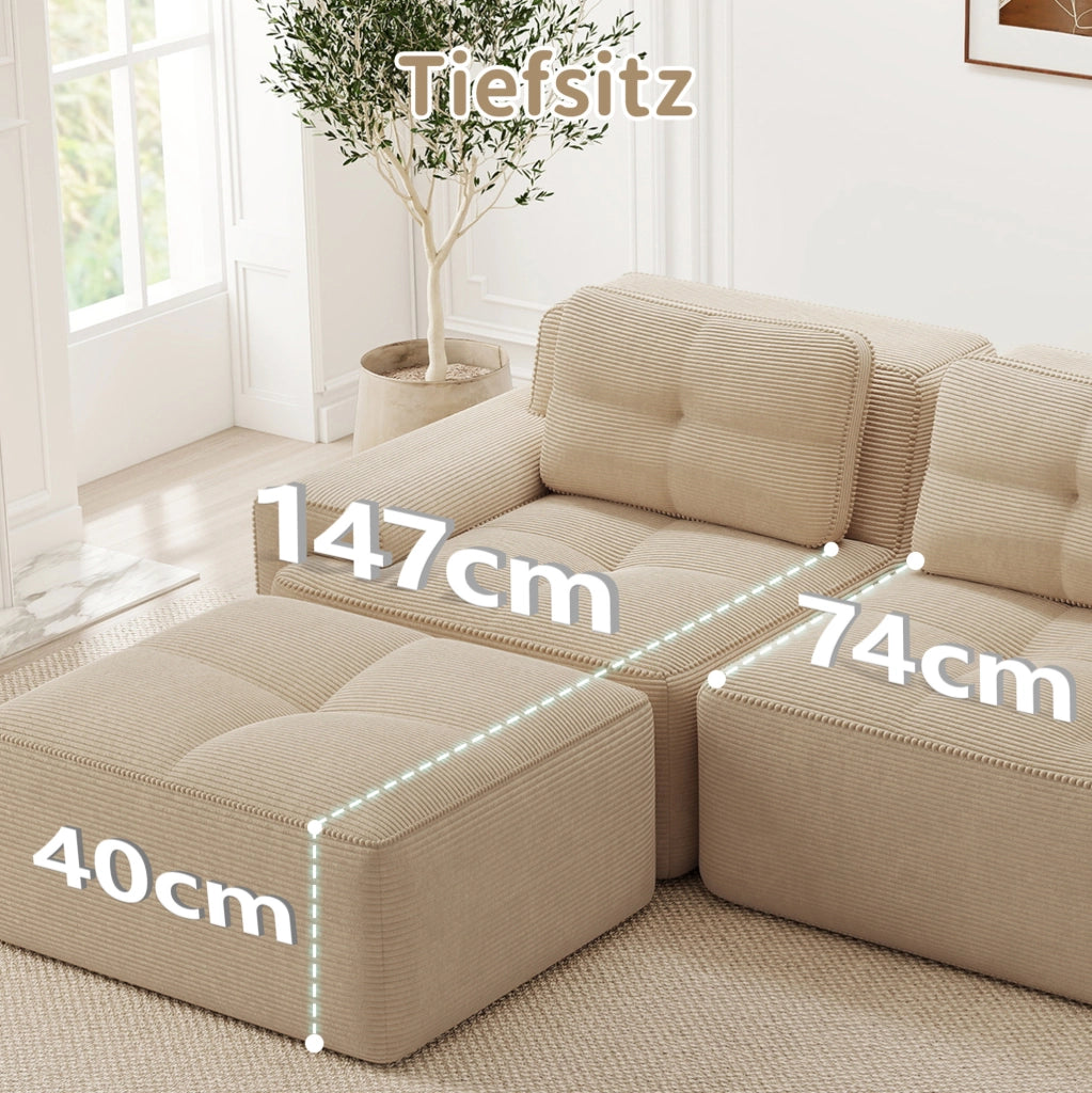 Divano modulare Cloud in velluto a coste beige con seduta profonda e design senza braccioli, 2 posti