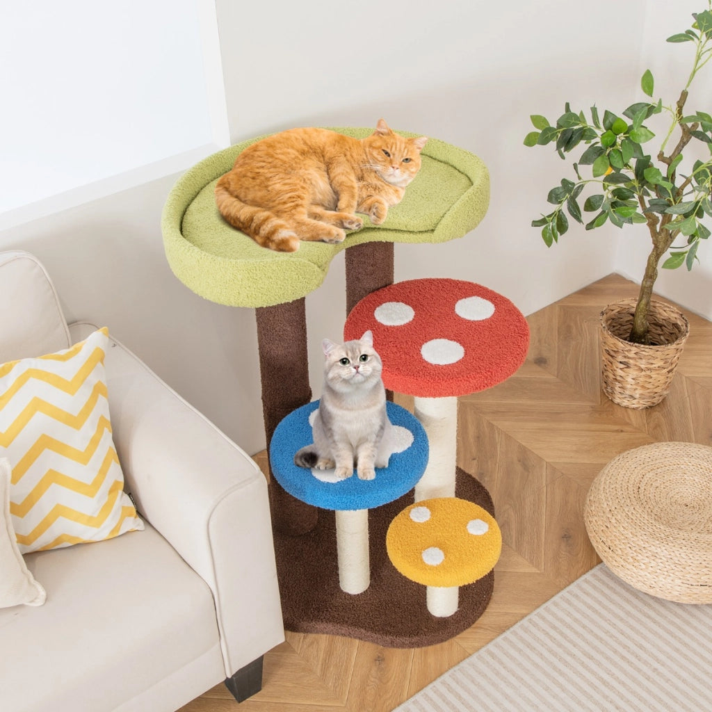 Albero per gatti 3 in 1 con 3 pali in sisal tappetino e piattaforme rimovibili, Torre per gatti a 5 livelli Colorato-Alberi Tiragraffi
