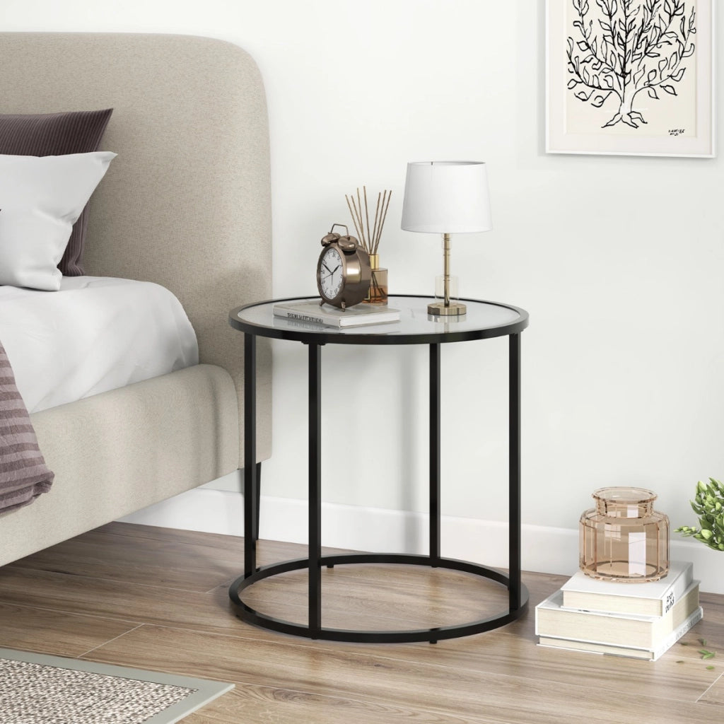 Tavolino rotondo da 50 cm con struttura in metallo e piano in vetro effetto marmo, Tavolino laterale in vetro Bianco e Nero-Tavolini da salotto
