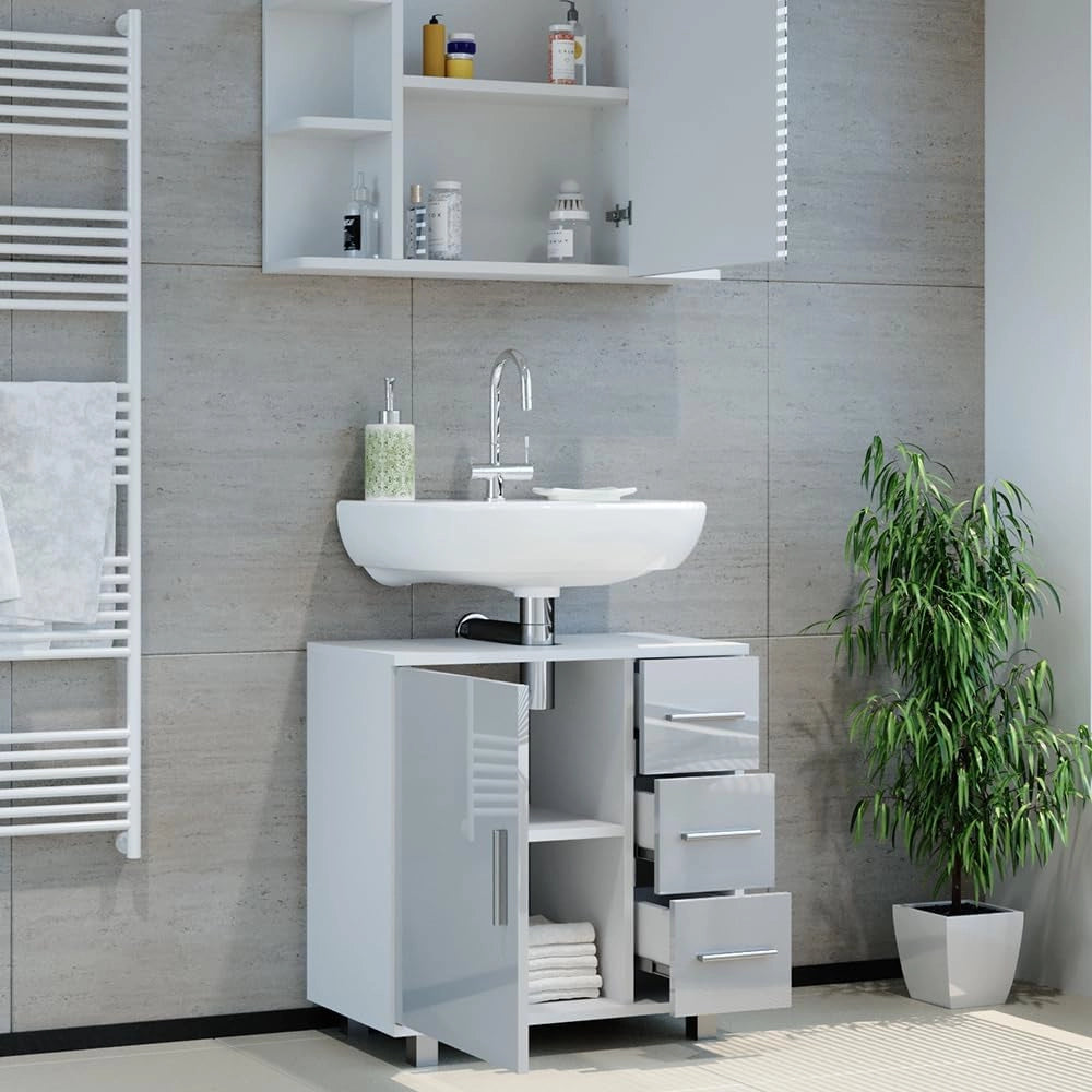 Set mobili bagno Ilias, Bianco lucido, 60 cm, composto da specchio da bagno e mobile sottolavabo