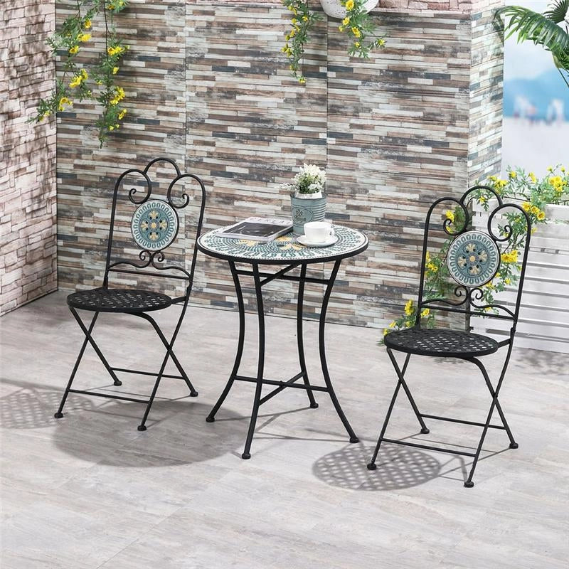 SET DA GIARDINO CON 2 SEDIE PIEGHEVOLI E TAVOLINO A MOSAICO VERDE E GIALLO