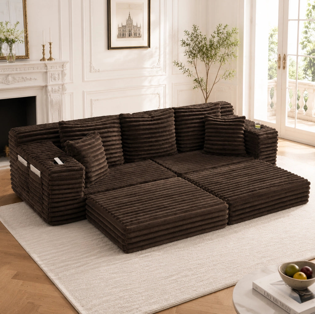 Divano letto modulabile in velluto a coste marrone caffè con tasche e portabicchieri