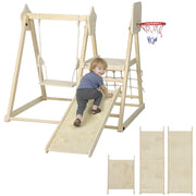 Casetta per bambini con scivolo, altalena, rete da arrampicata e canestro ¨C zephmum ¨C legno naturale