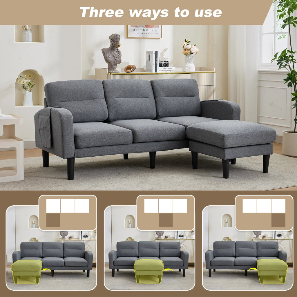 Divano Angolare Divano Modulare 3 Posti con Tasche Laterali e 10 Gambe in Tessuto Grigio 204 × 136 × 80 cm