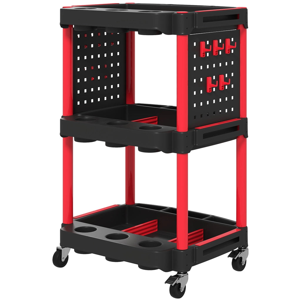 Carrello Porta Attrezzi a 3 Livelli in Plastica con Pannello Forato Laterale, Nero e Rosso