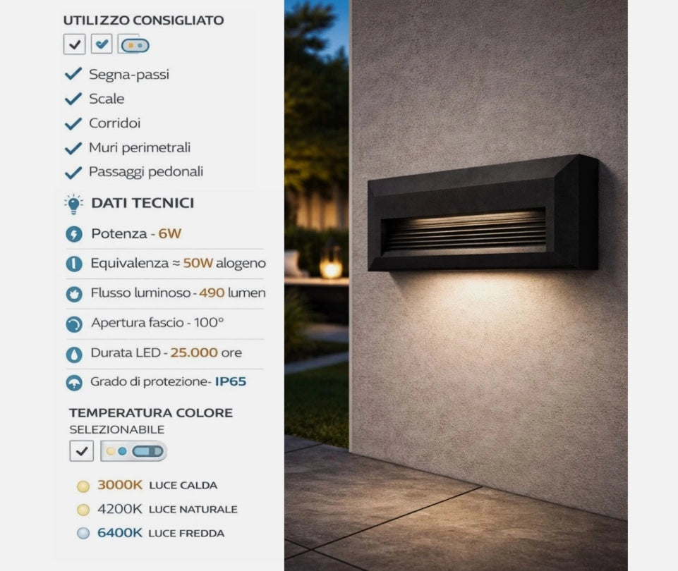 Lampada segnapasso LED moderno Nero 6W luce verso il basso CCT 3000K 4200K 6400K IP65 per scale corridoi esterni interni