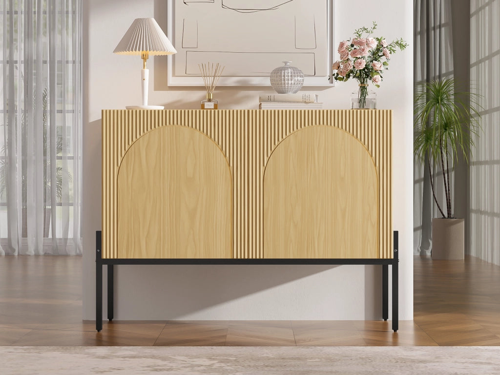 Credenza con 2 ante e gambe in metallo, design ad arco per soggiorno e sala da pranzo, naturale, 100 × 40 × 75 cm