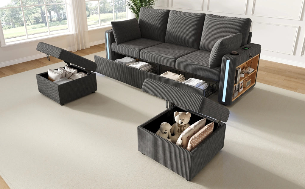 Canapé modulaire in velluto a coste con 2 pouf contenitore, LED, USB e tipo C, portabicchieri grigio 190 × 130 cm