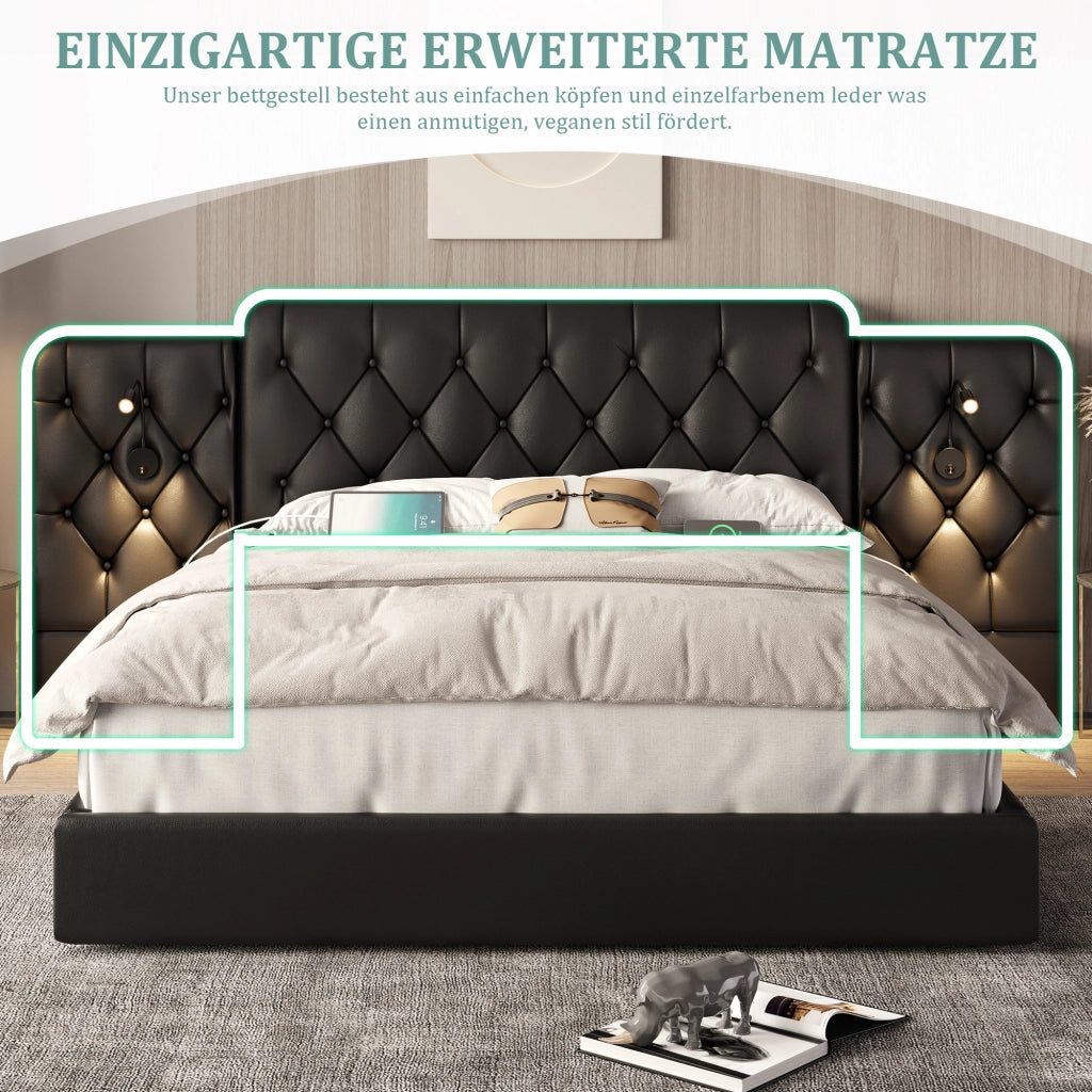 LETTO con testiera allungata 160x200 cm PU nero con luci da lettura e USB