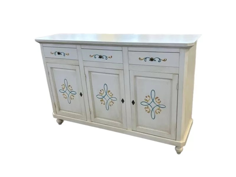 Credenza 3 porte legno shabby bianco anticato decori 150x43x98 - Mobili 2G
