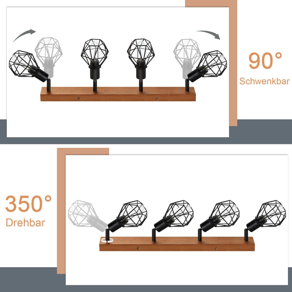 ZMH Faretto da soffitto in legno retrò metallici 4 pezzi neri orientabili 350° E14 25W