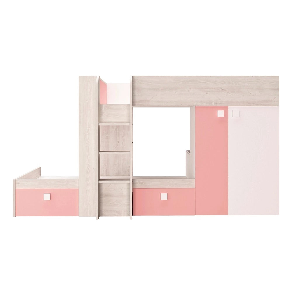 Letto a castello bianco consumato e rosa flamingo con armadio e cassetti 1267