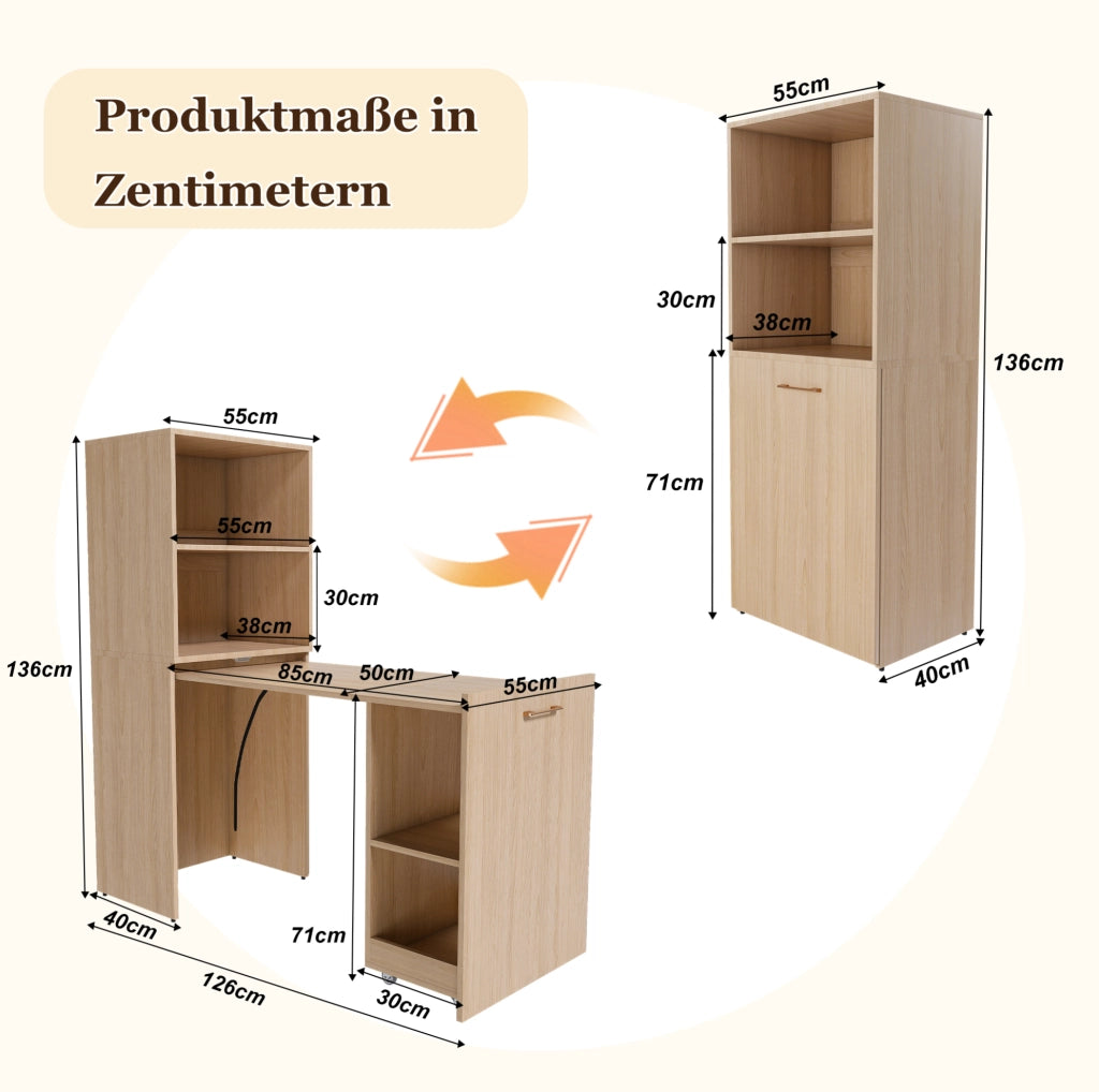 Scrivania richiudibile con vano contenitore; piano estraibile e ripiani regolabili; in MDF colore legno naturale