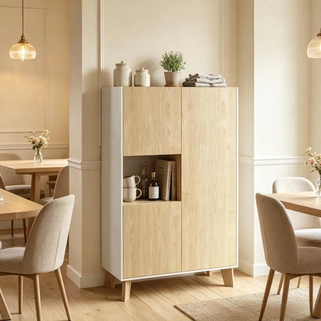 Credenza e madia con 5 vani e chiusura ammortizzata, per soggiorno, bianco e rovere chiaro, 80 × 40 × 135 cm