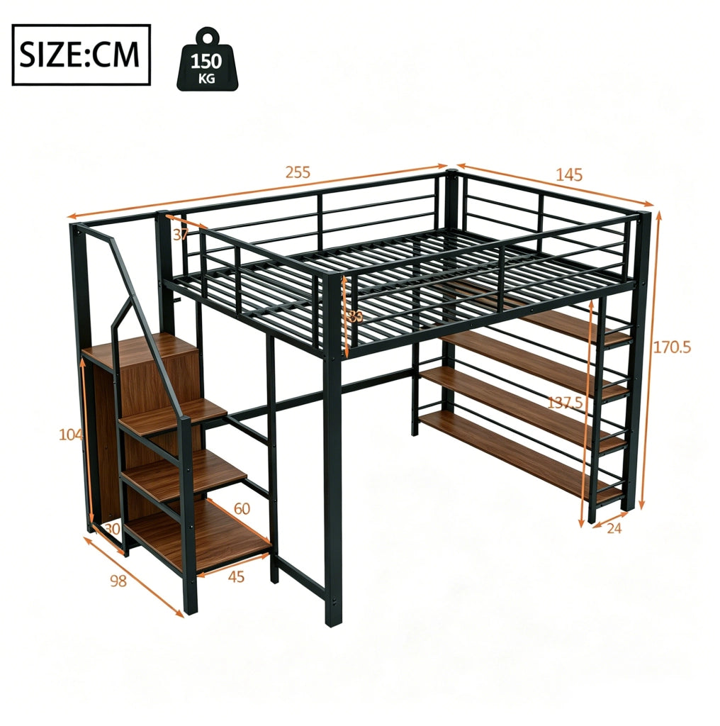 Letto a castello 140x200 cm in metallo con scala contenitore; armadietto; nero