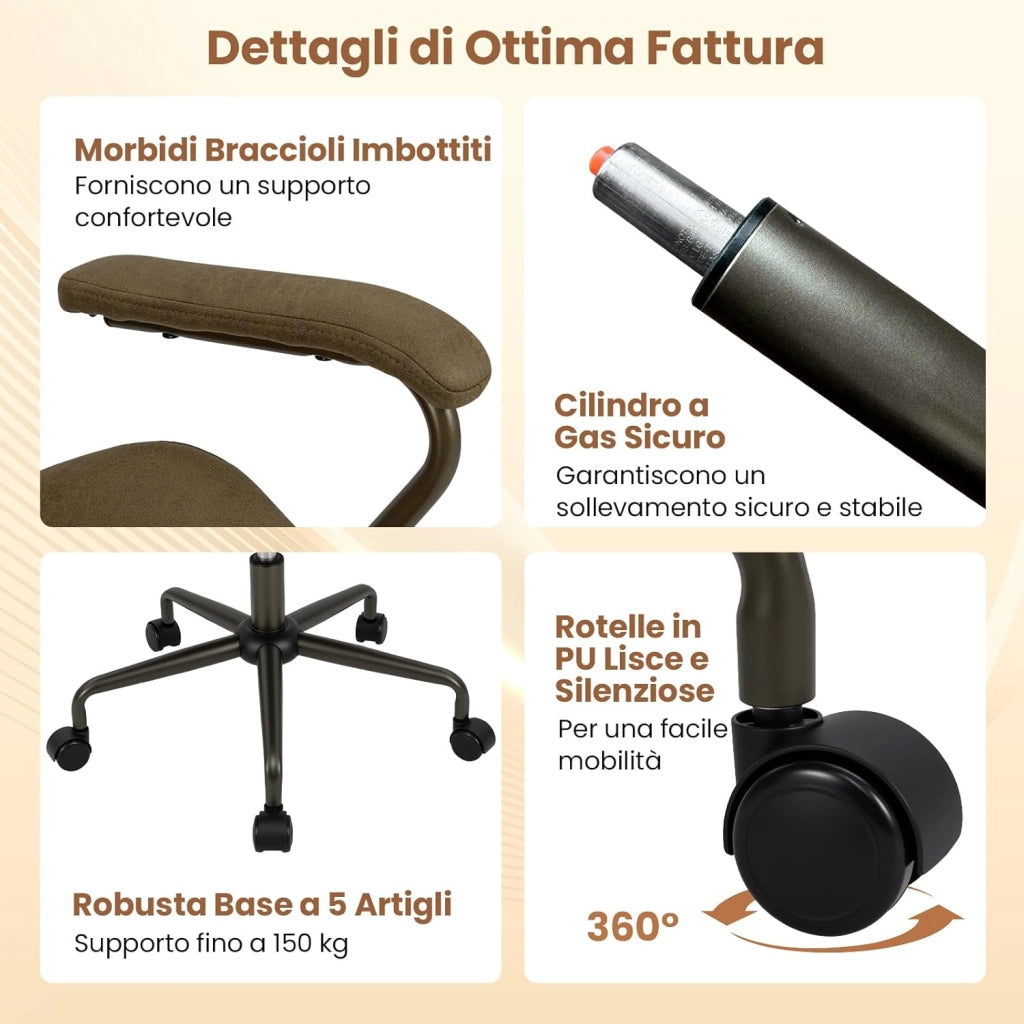 Sedia da Ufficio, Sedia Girevole per Scrivania con Ruote, Braccioli Imbottiti, Poltrona Direzionale Ergonomica Regolabile in Altezza, Portata 150 kg