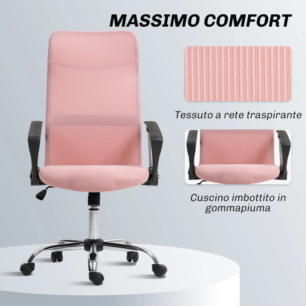 Sedia Ergonomica da Ufficio Girevole 63x65x109-119 cm con Schienale a Rete Rosa