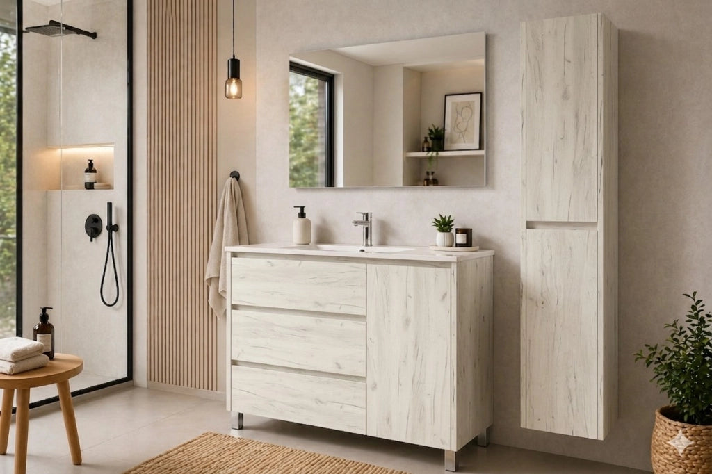 Mobile Bagno VOLUM Già Montato 3 cassetti e porta, lavabo e specchio Bianco nordico 80x40 cm con colonna