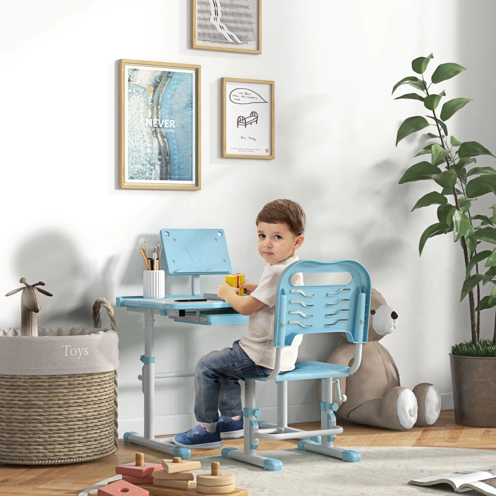 Scrivania bambini regolabile con cassetto scaffale angolo piano regolabile 80x49,5x82-104 cm ¨C Xylo ¨C Azzurro bianco