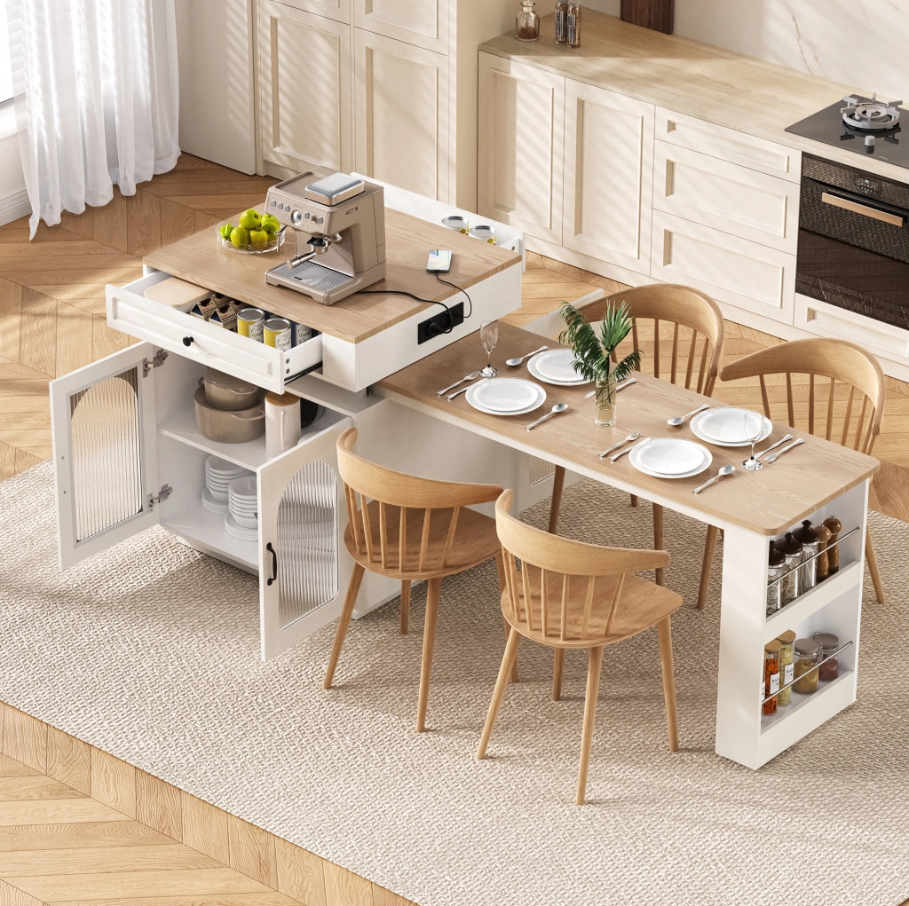 Tavolo consolle allungabile bianco con LED, prese USB/Type-C e vani contenitore per cucina e sala