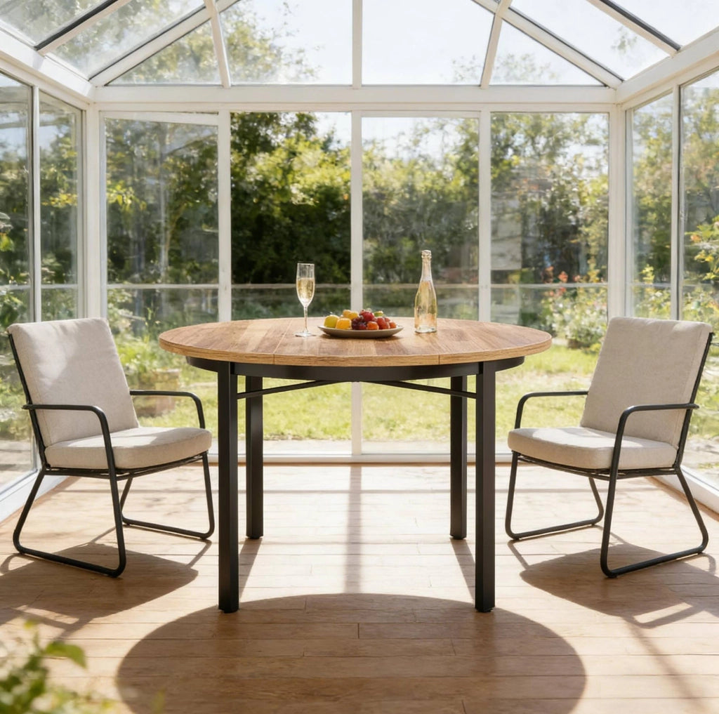 Tavolo da pranzo rotondo stile rustico moderno; diametro 118;5 cm; in MDF e metallo nero/marrone