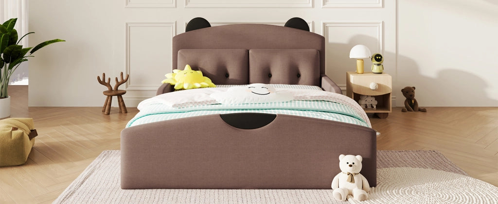 Letto per bambini 140 × 200 cm con testiera imbottita a forma di orso e 2 cuscini, senza materasso, in lino, caffè