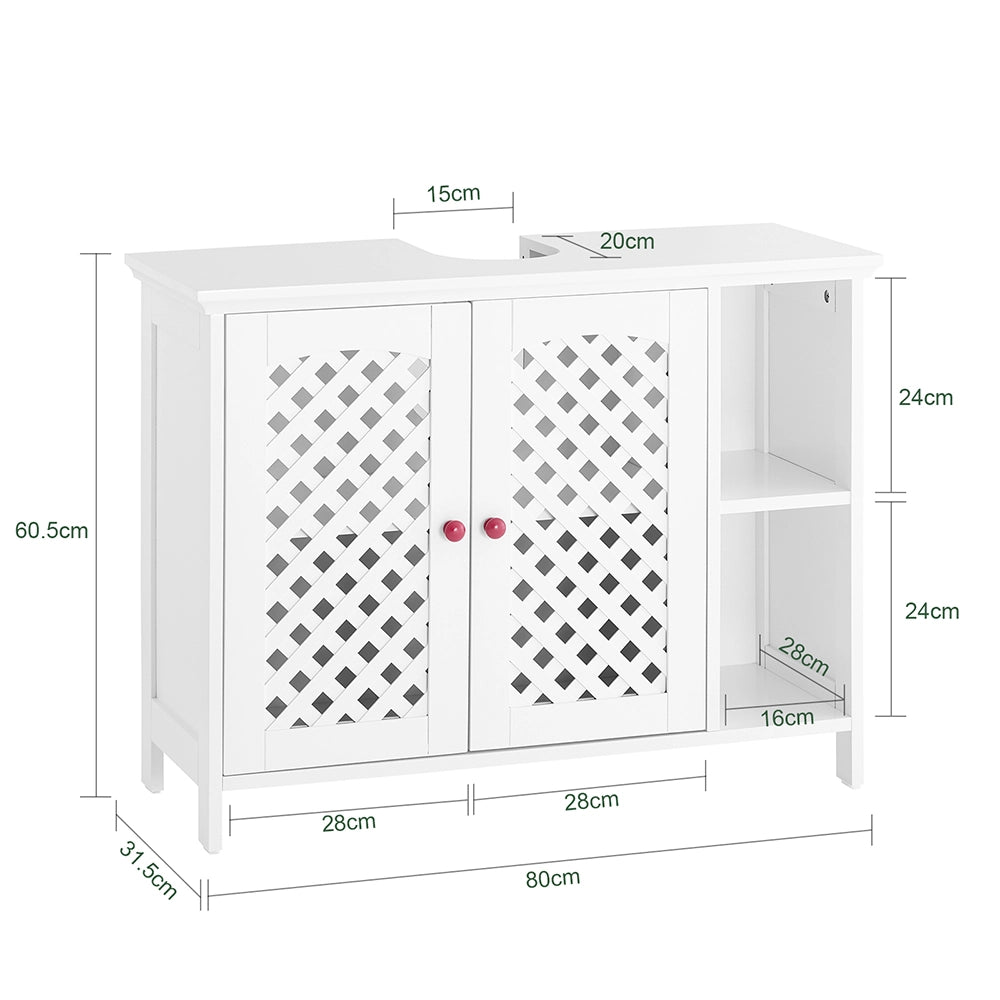 SoBuy Mobile Sottolavabo Bagno con 2 Ante e Ripiano Aperto – Mobiletto Bagno Sottolavabo in MDF E1, Ripiano Regolabile, Capacità 42kg – Mobili Salvaspazio 80x31,5x60,5cm BZR210-W