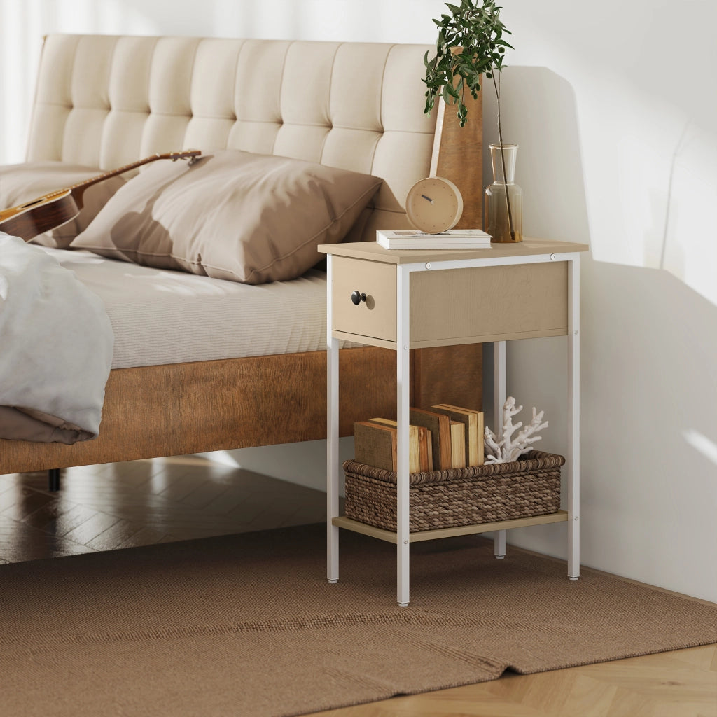Tavolino con Cassetto e Ripiano Aperto ¨C Zephmum ¨C 25x39,8x58,2 cm Legno Naturale Metallo