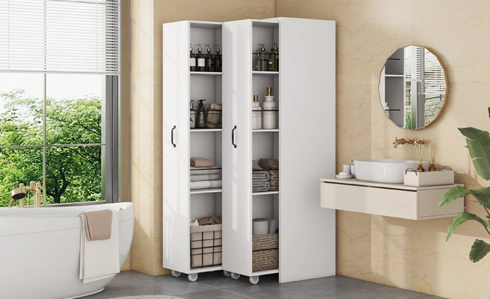 Libreria estensibile ULEVR 51,5x41x158 cm con ruote, 4 ripiani per modulo e barre metalliche, bianca
