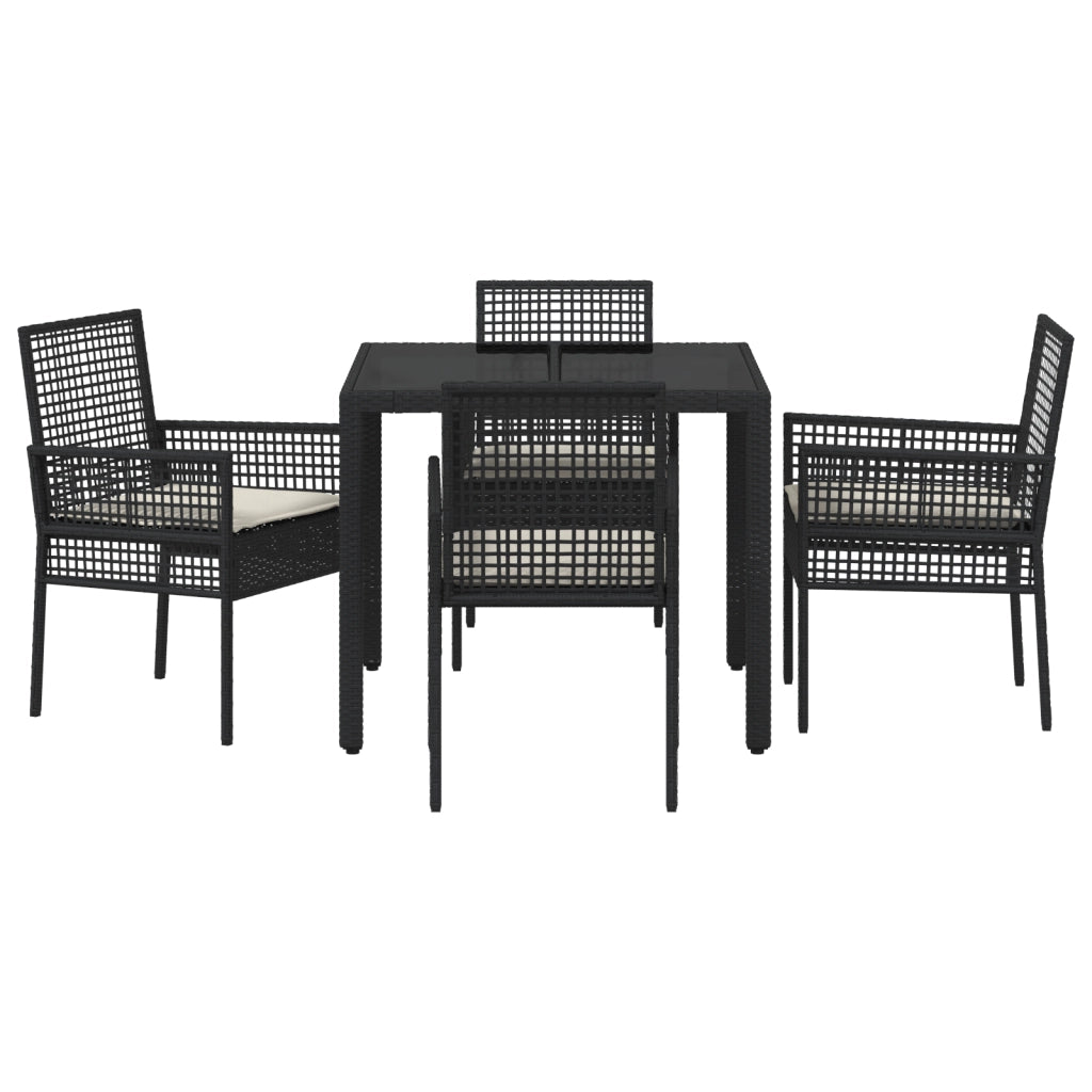 Set da pranzo da giardino in 5 pezzi con cuscini in polyrattan nero