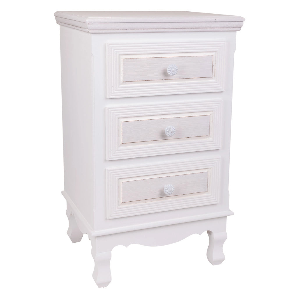 Comodino in legno con 3 cassetti bianchi 41x33,5x68.