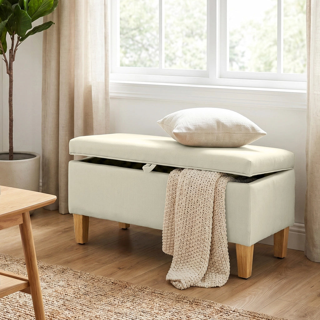 Panca contenitore imbottita in tessuto lino ¨C Xylo ¨C beige con piedini in legno 71x37x36cm
