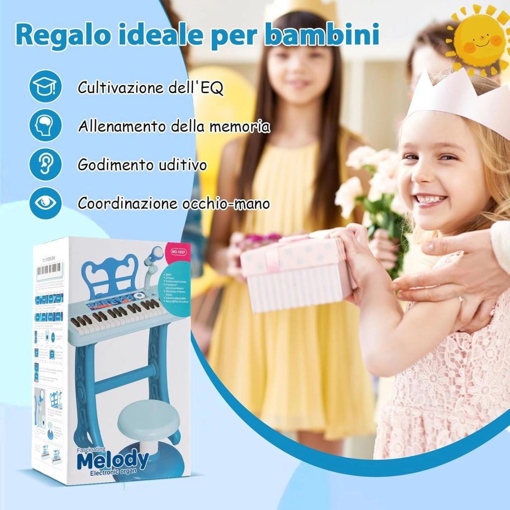 Pianoforte per Bambini a 37 Tasti, Strumento Musicale Elettronico con Microfono Regolabile e Leggio Rimovibile, Sgabello Abbinato, per Bambini di 3+ Anni (Blu)