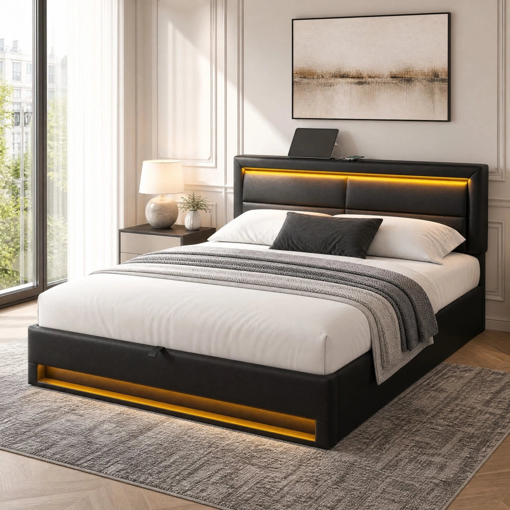 Letto imbottito 140x190 cm con USB, LED e vano contenitore, PU nero