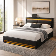 Letto imbottito 140x190 cm con USB, LED e vano contenitore, PU nero