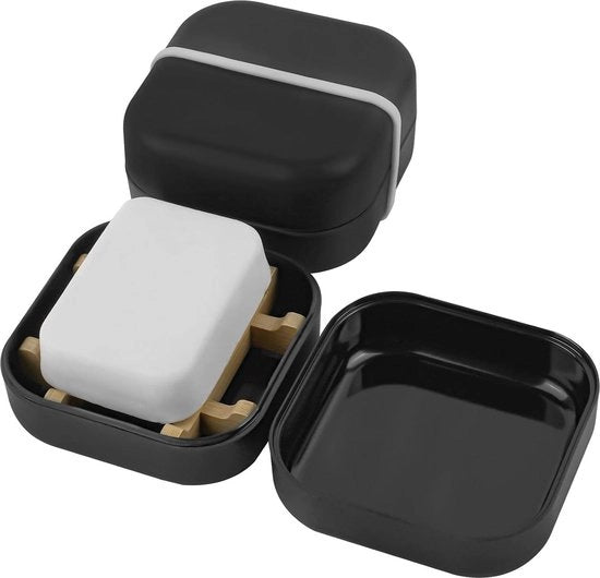 Cassa per Sapone in Bambù con Coperchio e Cinturino di Fissaggio - Vasca da Bagno Sapone in Bambù a Fasce di Vetro - Sapone in Bambù Eseguibile - Contenitore per Sapone Portatile per Viaggi - 2 Pack (nero)