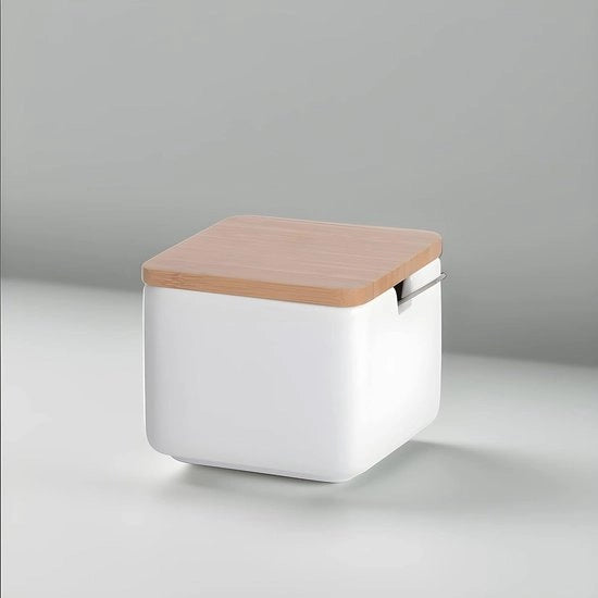 Vaso di zucchero in ceramica con cucchiaio di bambù e coperchio - cucchiaio di zucchero per casa e cucina, forma sferica moderna per zucchero, formaggio, spezie, 10 x 10 x 9 cm, bianco