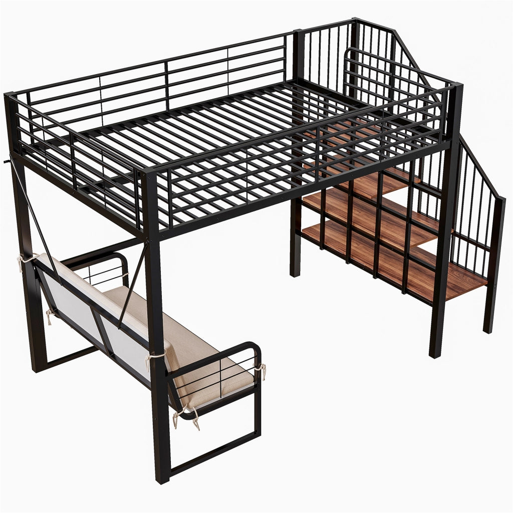 Letto a castello 140 × 200 cm con divano imbottito rimovibile, scala contenitore, senza materasso, nero