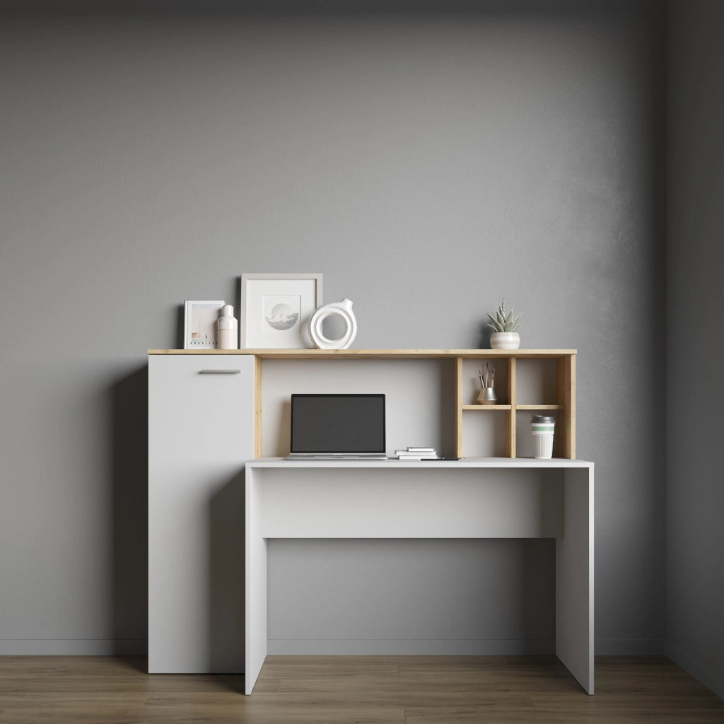 Scrivania FAUSKE - Spaziosa - Con Armadietto - Rovere Sonoma - Bianco - Larghezza 153 cm, Altezza 116 cm, Profondit? 54 cm