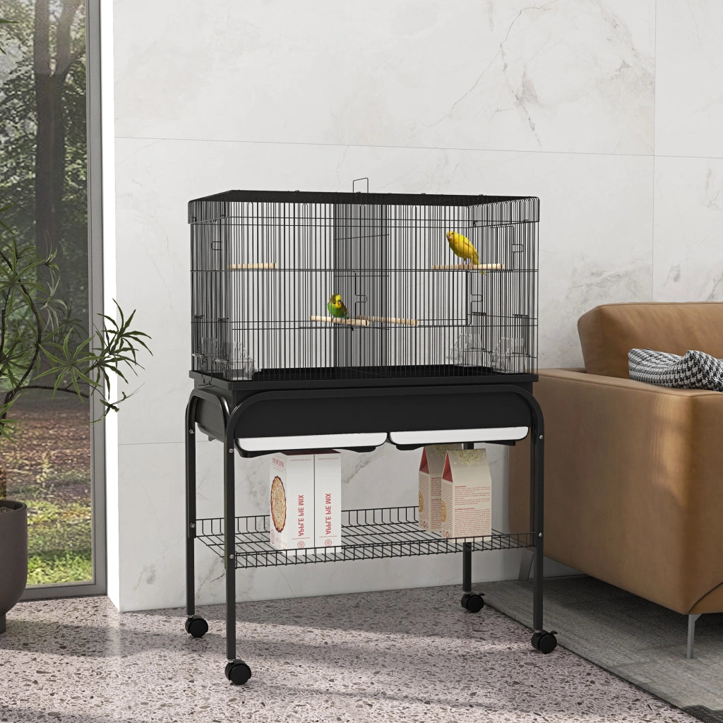 Gabbia per Uccelli con Supporto e Ruote ¨C Xylo ¨C 85x49x119cm Nero