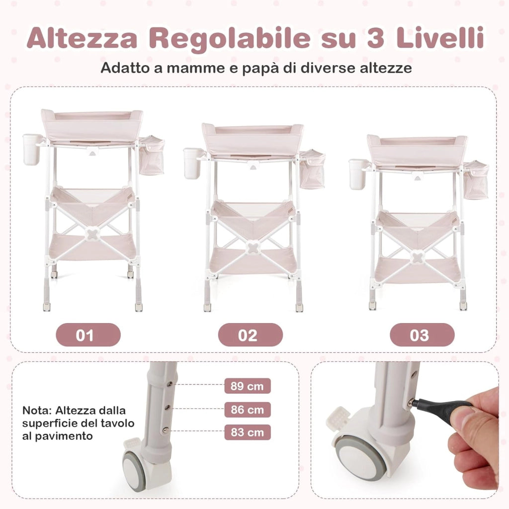 Fasciatoio Pieghevole Neonato, Fasciatoio Portatile con Altezza Regolabile, Comodino per Pannolini con Ruote di Bloccabili, 2 Ripiani, Porta Asciugamani, Cestino di Rifiuti (Beige)