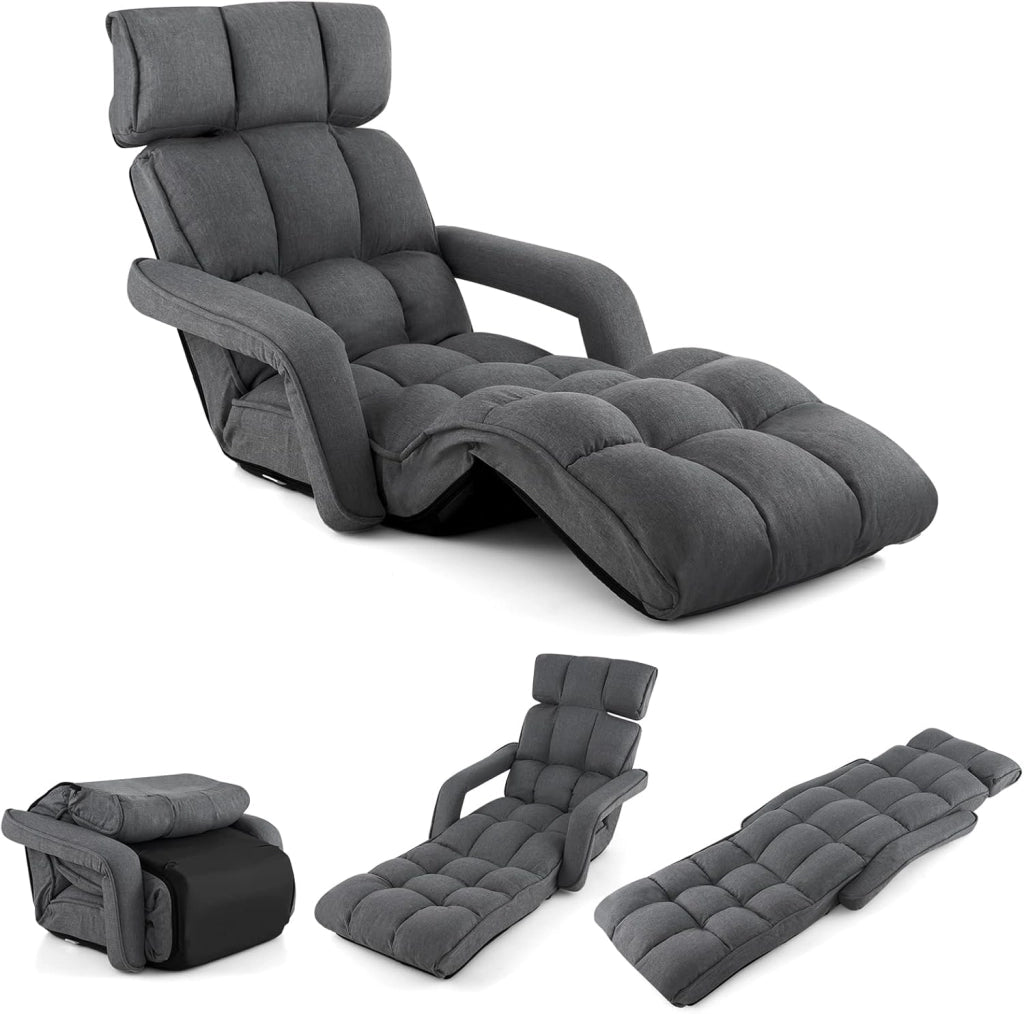 Poltrona Salotto da Terra, Sedie Pieghevoli Imbottita Chaise Longue Reclinabile in 5 Posizioni, con Regolabili Braccioli Schienale, per Yoga Relax Meditazione, 195x73x19 cm (Grigio scuro)