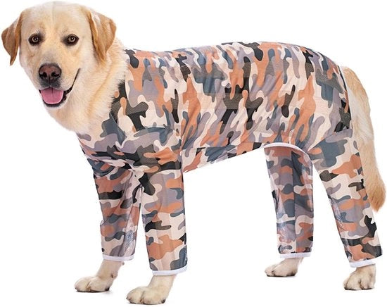 Abbigliamento rinfrescante per cani grandi | Jumpsuit con crema solare per cani di taglia media e grande | Disegno mimetico | Adatto per interni ed esterni | Taglia 4XL