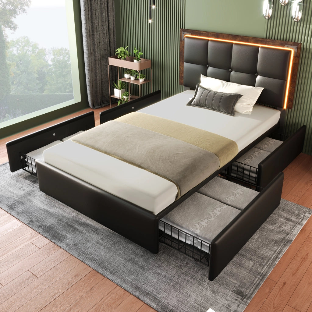 Letto con Cassetti 90x200 cm; Singolo - 4 Cassetti; LED e Testiera Regolabile - Nero